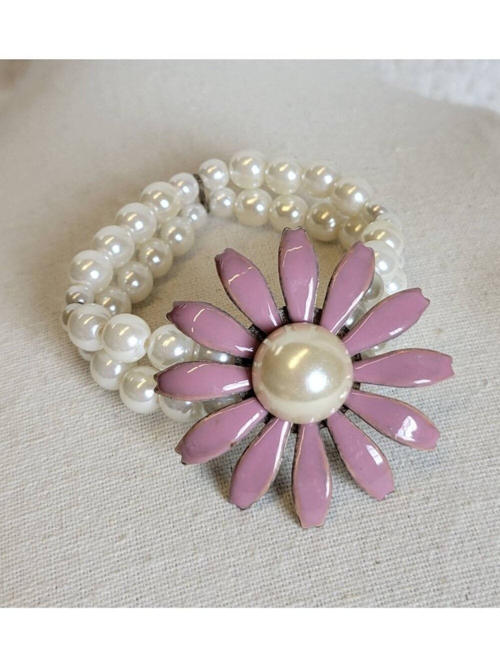 Stretchy Multi-strand Round Beaded Purple Enamel Flower Spring Bracelet B1A